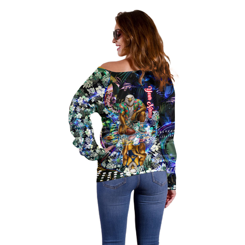 Personalized West Coast Eagles Football Off Shoulder Sweater Tropical Hibiscus Flowers - Pacific Fusion Style