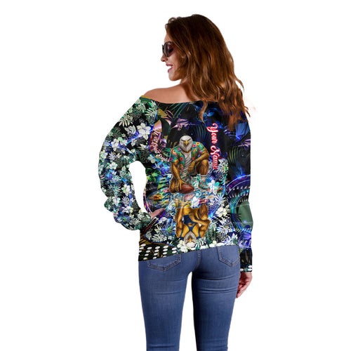 Personalized West Coast Eagles Football Off Shoulder Sweater Tropical Hibiscus Flowers - Pacific Fusion Style