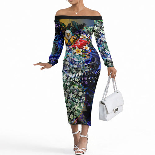 Personalized West Coast Eagles Football Off The Shoulder Long Sleeve Dress Tropical Hibiscus Flowers - Pacific Fusion Style