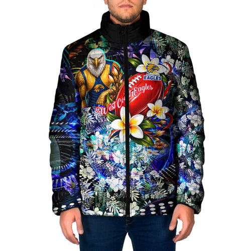 Personalized West Coast Eagles Football Padded Jacket Tropical Hibiscus Flowers - Pacific Fusion Style