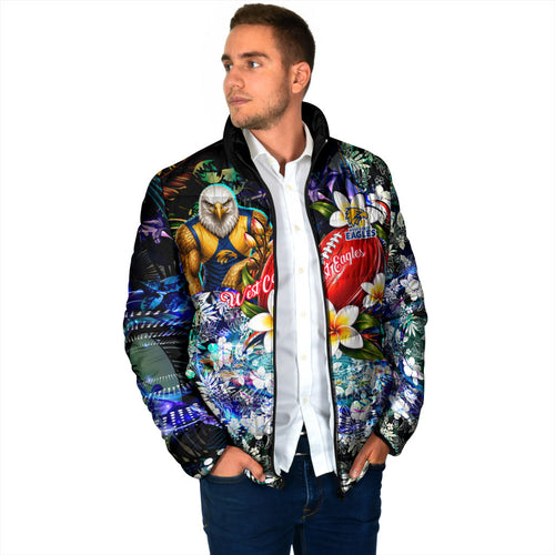 Personalized West Coast Eagles Football Padded Jacket Tropical Hibiscus Flowers - Pacific Fusion Style