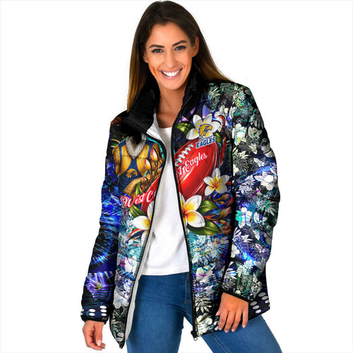 Personalized West Coast Eagles Football Padded Jacket Tropical Hibiscus Flowers - Pacific Fusion Style