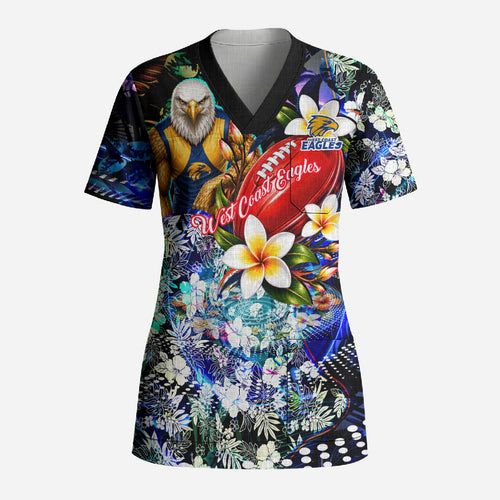Personalized West Coast Eagles Football Scrub Top Tropical Hibiscus Flowers - Pacific Fusion Style