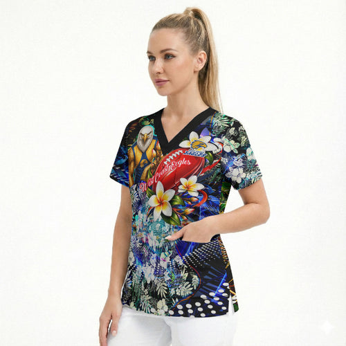 Personalized West Coast Eagles Football Scrub Top Tropical Hibiscus Flowers - Pacific Fusion Style