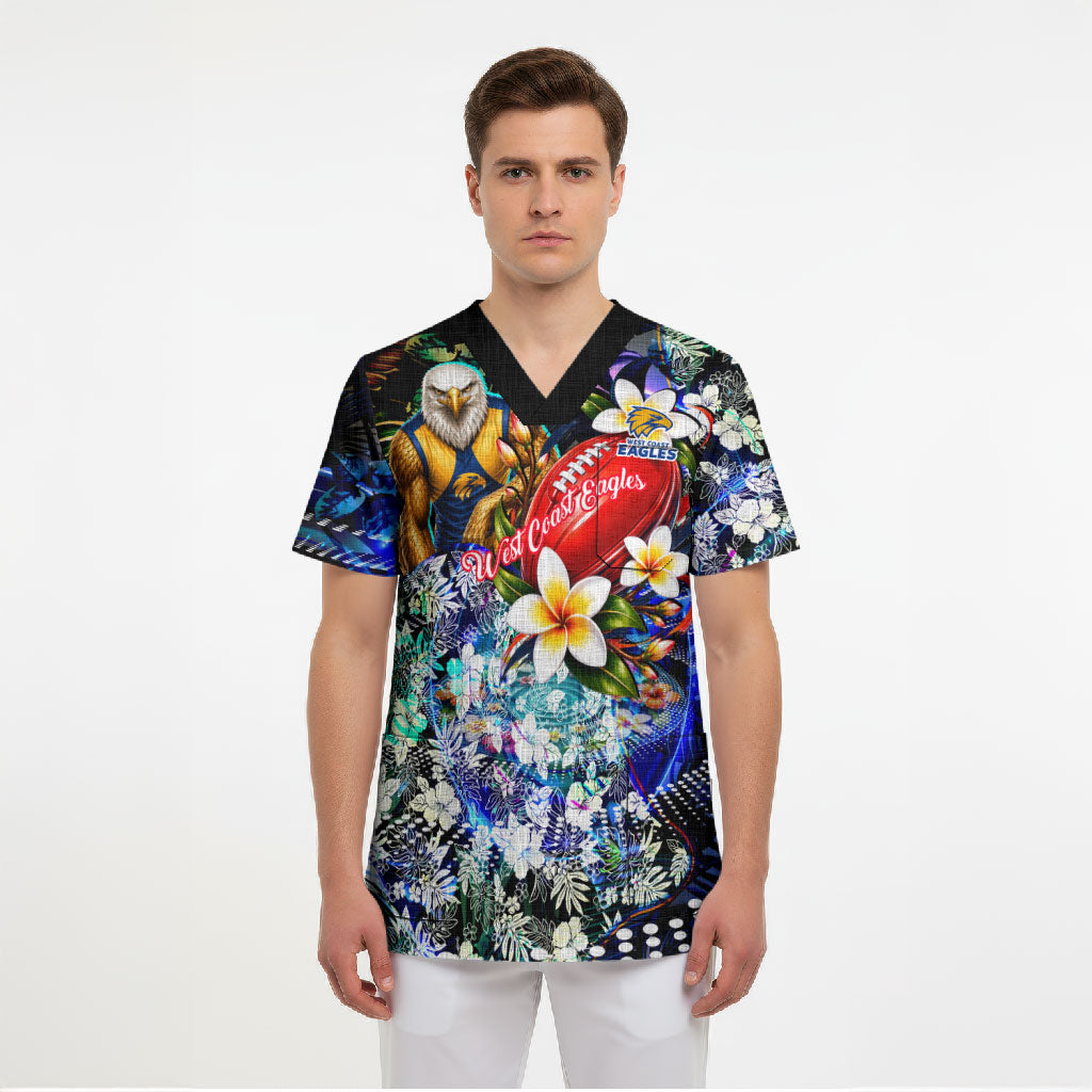 Personalized West Coast Eagles Football Scrub Top Tropical Hibiscus Flowers - Pacific Fusion Style