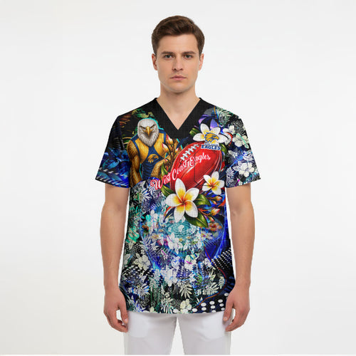 Personalized West Coast Eagles Football Scrub Top Tropical Hibiscus Flowers - Pacific Fusion Style