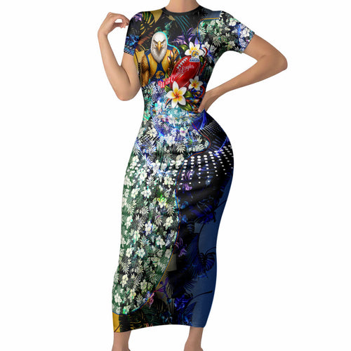 Personalized West Coast Eagles Football Short Sleeve Bodycon Dress Tropical Hibiscus Flowers - Pacific Fusion Style