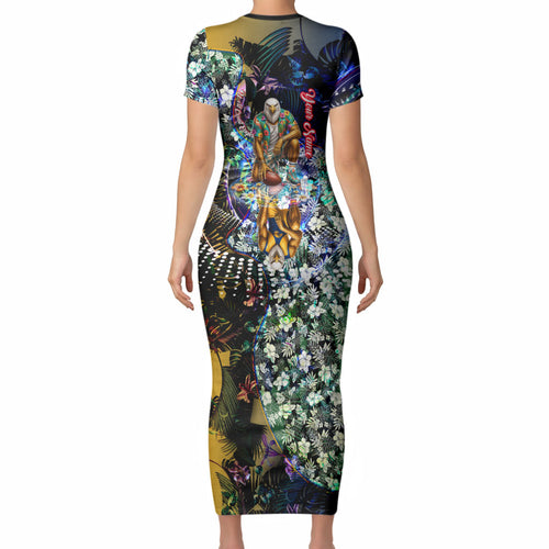 Personalized West Coast Eagles Football Short Sleeve Bodycon Dress Tropical Hibiscus Flowers - Pacific Fusion Style