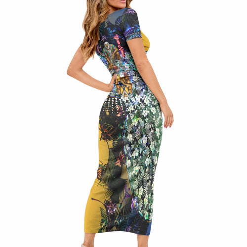 Personalized West Coast Eagles Football Short Sleeve Bodycon Dress Tropical Hibiscus Flowers - Pacific Fusion Style