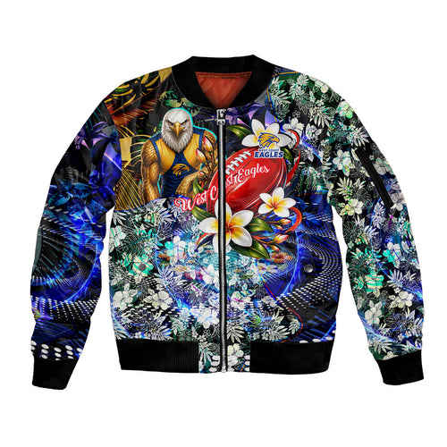 Personalized West Coast Eagles Football Sleeve Zip Bomber Jacket Tropical Hibiscus Flowers - Pacific Fusion Style