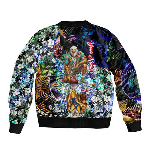 Personalized West Coast Eagles Football Sleeve Zip Bomber Jacket Tropical Hibiscus Flowers - Pacific Fusion Style