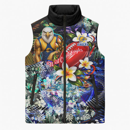 Personalized West Coast Eagles Football Sleeveless Puffer Jacket Tropical Hibiscus Flowers - Pacific Fusion Style