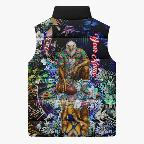 Personalized West Coast Eagles Football Sleeveless Puffer Jacket Tropical Hibiscus Flowers - Pacific Fusion Style
