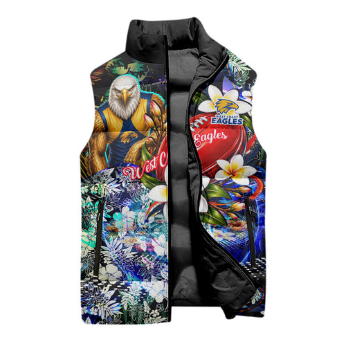 Personalized West Coast Eagles Football Sleeveless Puffer Jacket Tropical Hibiscus Flowers - Pacific Fusion Style
