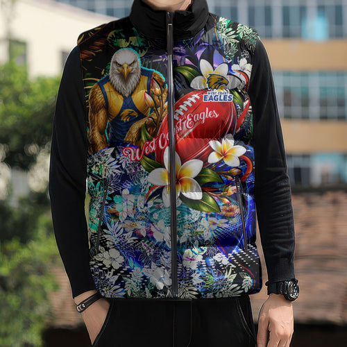 Personalized West Coast Eagles Football Sleeveless Puffer Jacket Tropical Hibiscus Flowers - Pacific Fusion Style