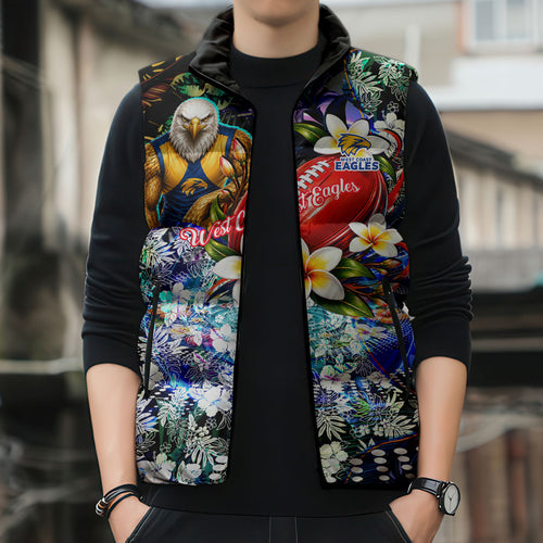 Personalized West Coast Eagles Football Sleeveless Puffer Jacket Tropical Hibiscus Flowers - Pacific Fusion Style