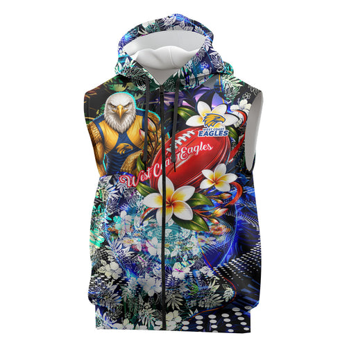 Personalized West Coast Eagles Football Sleeveless Zip Hoodie Tropical Hibiscus Flowers - Pacific Fusion Style