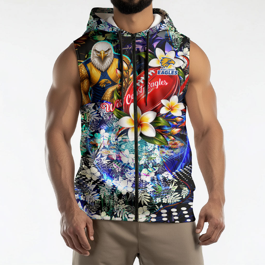 Personalized West Coast Eagles Football Sleeveless Zip Hoodie Tropical Hibiscus Flowers - Pacific Fusion Style
