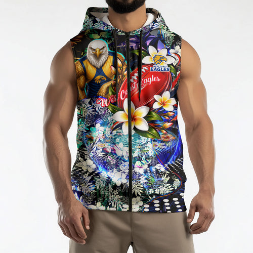 Personalized West Coast Eagles Football Sleeveless Zip Hoodie Tropical Hibiscus Flowers - Pacific Fusion Style