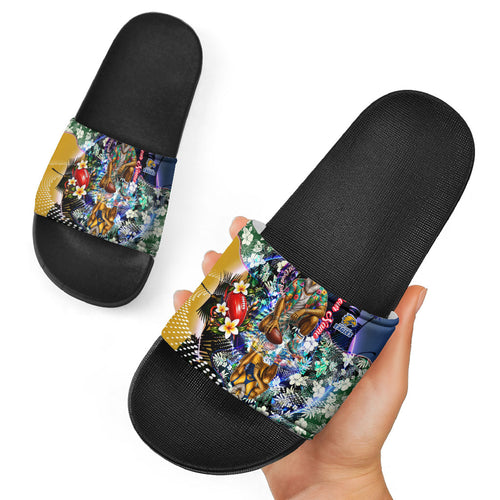 Personalized West Coast Eagles Football Slide Sandals Tropical Hibiscus Flowers - Pacific Fusion Style