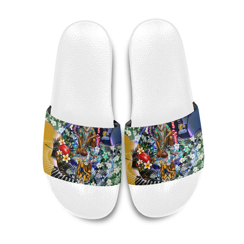 Personalized West Coast Eagles Football Slide Sandals Tropical Hibiscus Flowers - Pacific Fusion Style