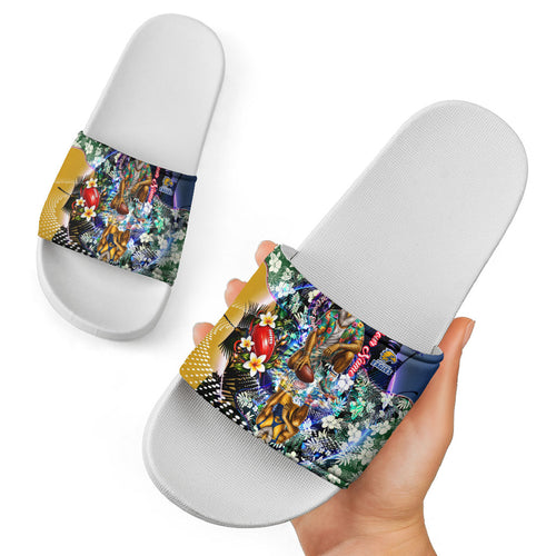 Personalized West Coast Eagles Football Slide Sandals Tropical Hibiscus Flowers - Pacific Fusion Style