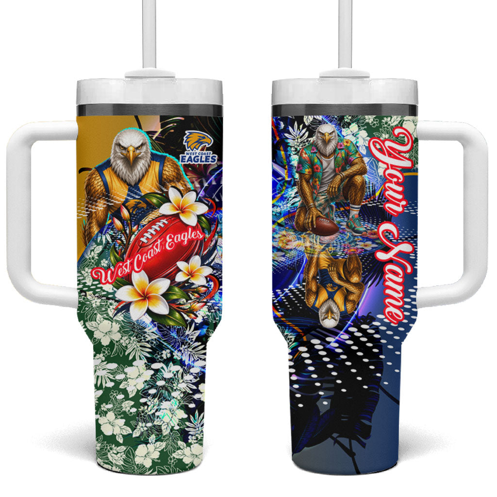 Personalized West Coast Eagles Football Tumbler With Handle Tropical Hibiscus Flowers - Pacific Fusion Style