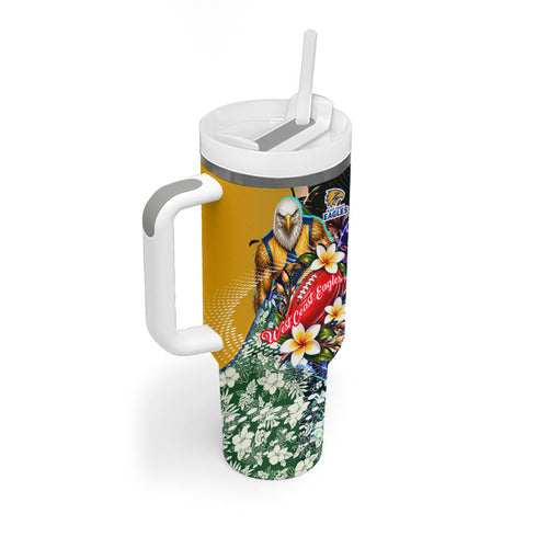 Personalized West Coast Eagles Football Tumbler With Handle Tropical Hibiscus Flowers - Pacific Fusion Style