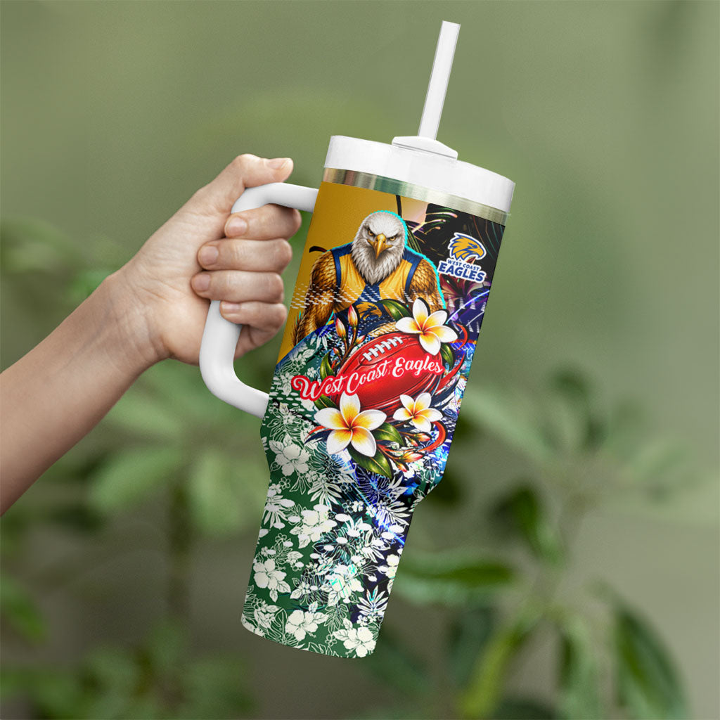 Personalized West Coast Eagles Football Tumbler With Handle Tropical Hibiscus Flowers - Pacific Fusion Style