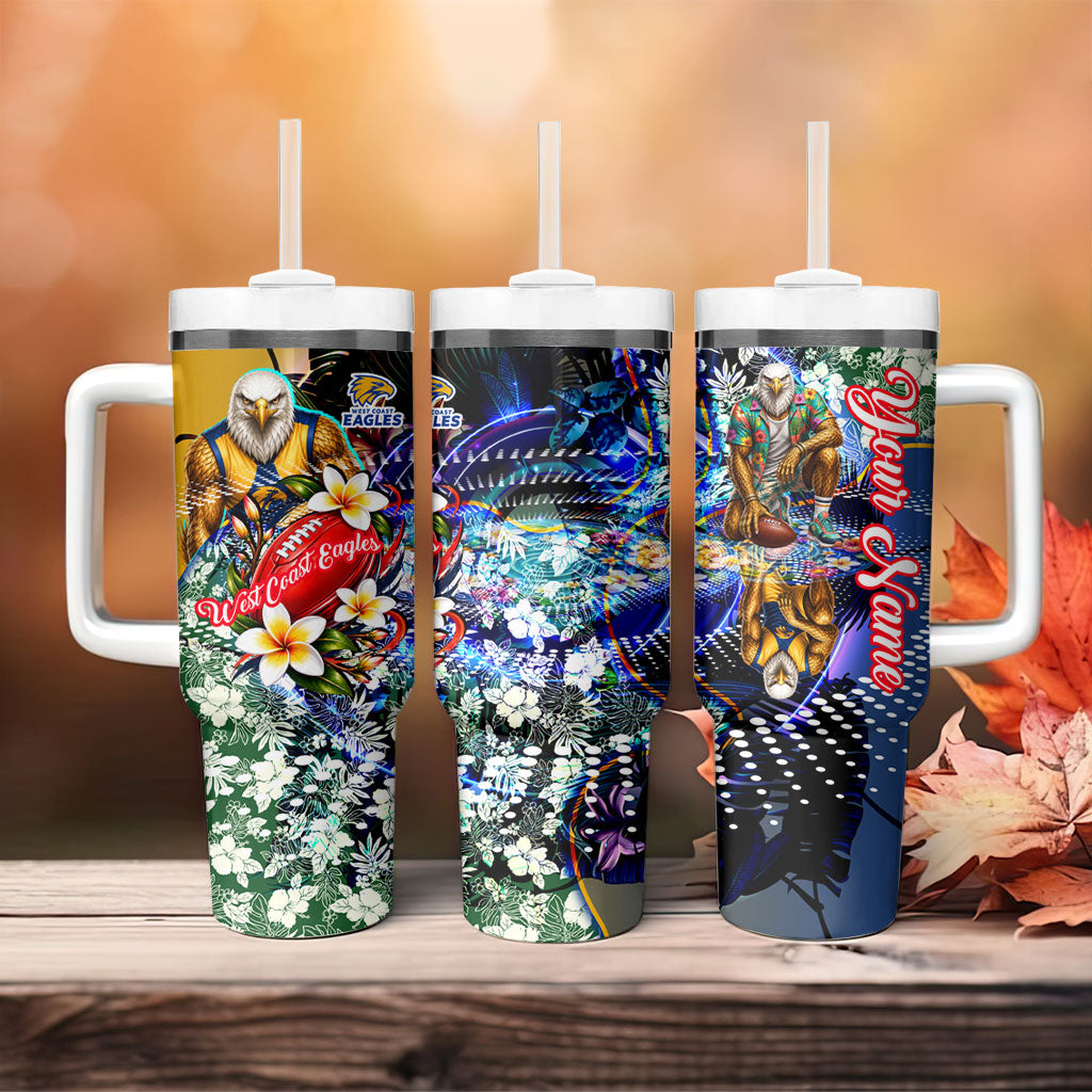 Personalized West Coast Eagles Football Tumbler With Handle Tropical Hibiscus Flowers - Pacific Fusion Style
