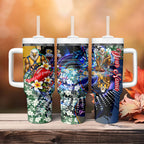 Personalized West Coast Eagles Football Tumbler With Handle Tropical Hibiscus Flowers - Pacific Fusion Style