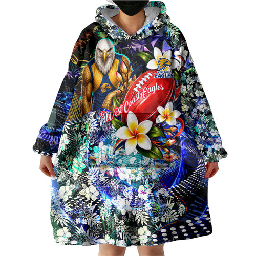 Personalized West Coast Eagles Football Wearable Blanket Hoodie Tropical Hibiscus Flowers - Pacific Fusion Style