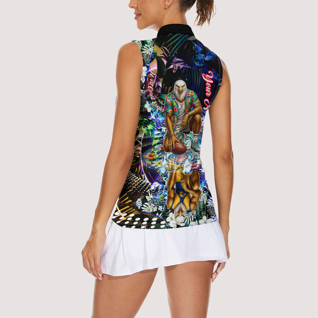 Personalized West Coast Eagles Football Women Sleeveless Polo Shirt Tropical Hibiscus Flowers - Pacific Fusion Style