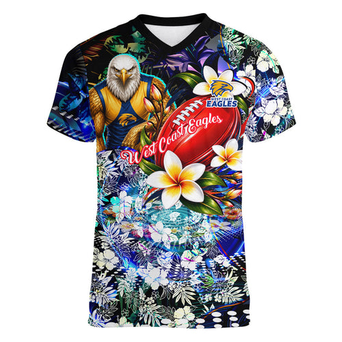 Personalized West Coast Eagles Football Women V-Neck T-Shirt Tropical Hibiscus Flowers - Pacific Fusion Style