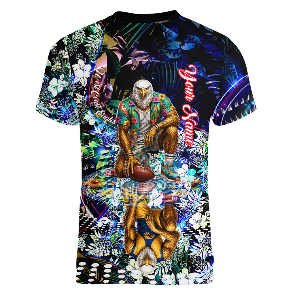 Personalized West Coast Eagles Football Women V-Neck T-Shirt Tropical Hibiscus Flowers - Pacific Fusion Style