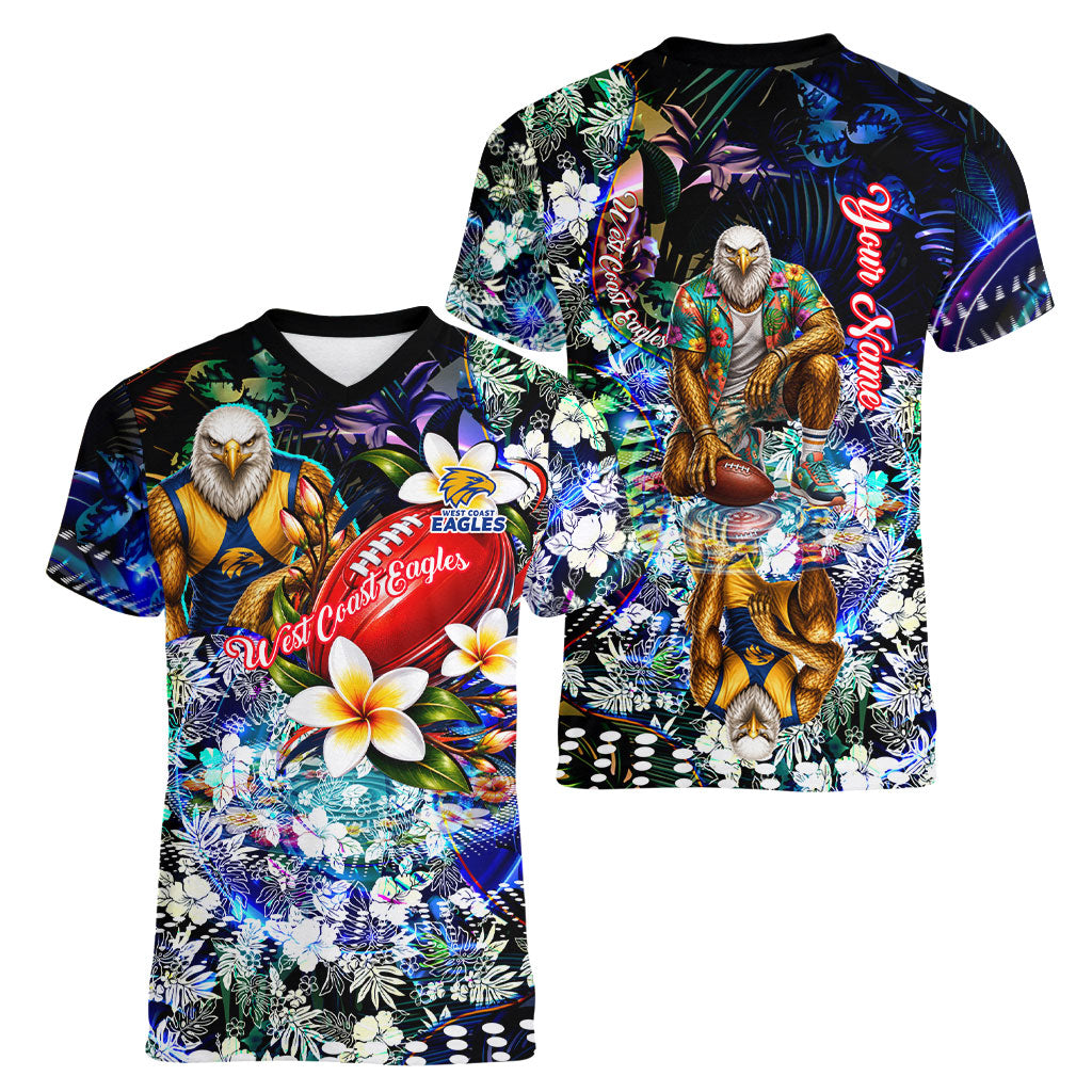 Personalized West Coast Eagles Football Women V-Neck T-Shirt Tropical Hibiscus Flowers - Pacific Fusion Style