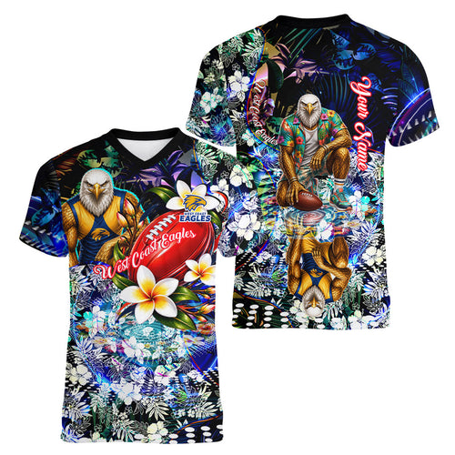 Personalized West Coast Eagles Football Women V-Neck T-Shirt Tropical Hibiscus Flowers - Pacific Fusion Style