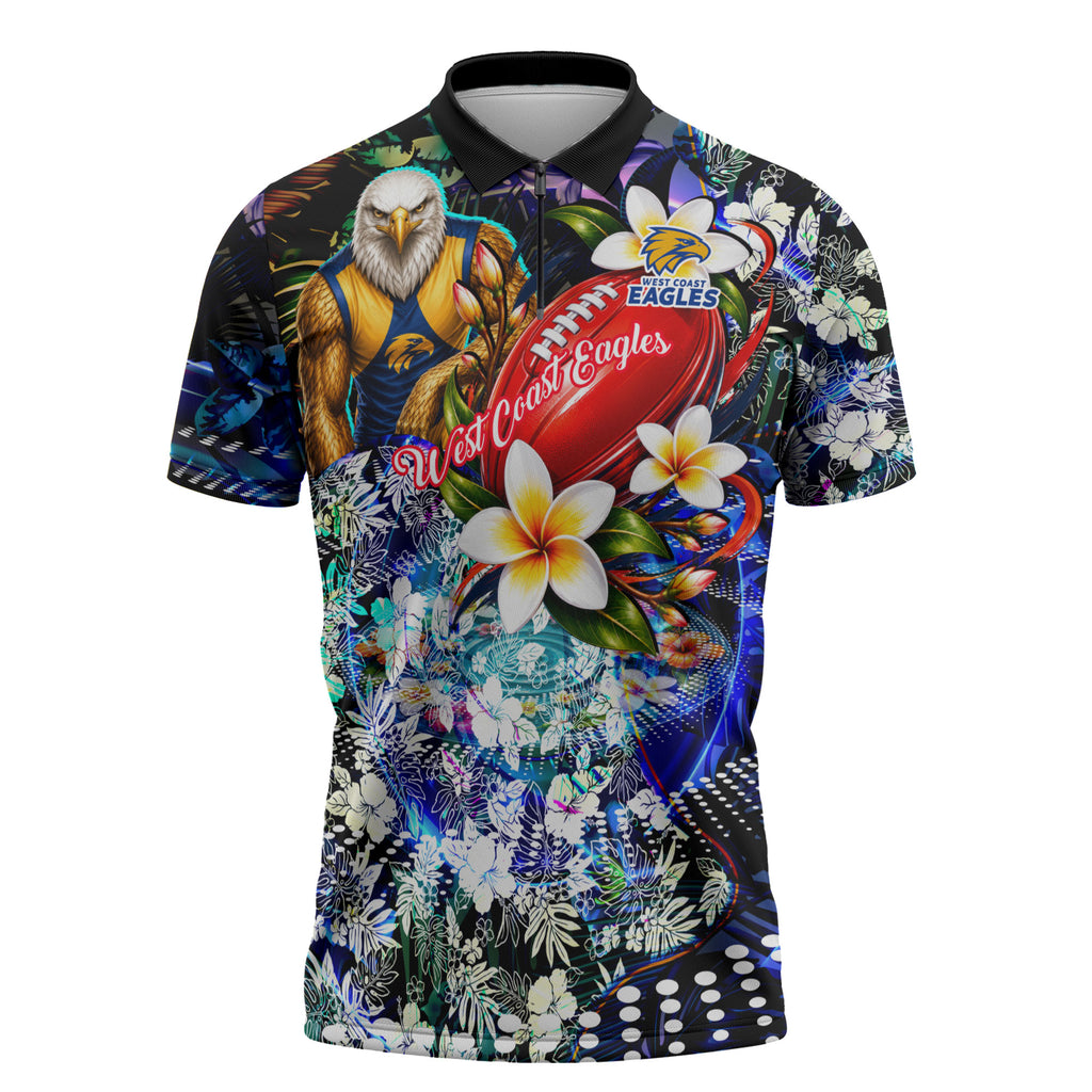 Personalized West Coast Eagles Football Zipper Polo Shirt Tropical Hibiscus Flowers - Pacific Fusion Style