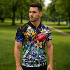 Personalized West Coast Eagles Football Zipper Polo Shirt Tropical Hibiscus Flowers - Pacific Fusion Style