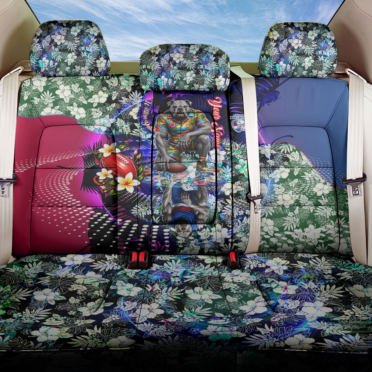 Personalized Western Bulldogs Football Back Car Seat Cover Tropical Hibiscus Flowers - Pacific Fusion Style
