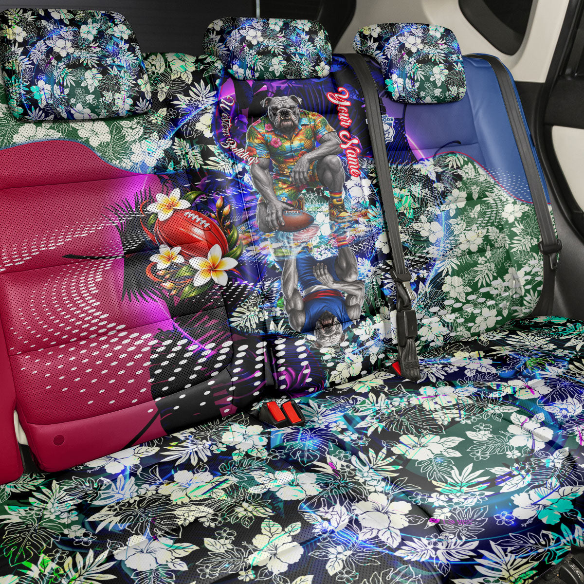 Personalized Western Bulldogs Football Back Car Seat Cover Tropical Hibiscus Flowers - Pacific Fusion Style