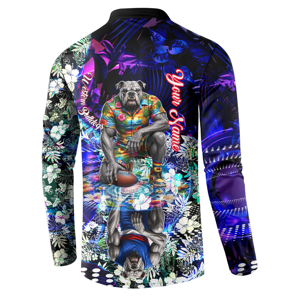 Personalized Western Bulldogs Football Button Sweatshirt Tropical Hibiscus Flowers - Pacific Fusion Style