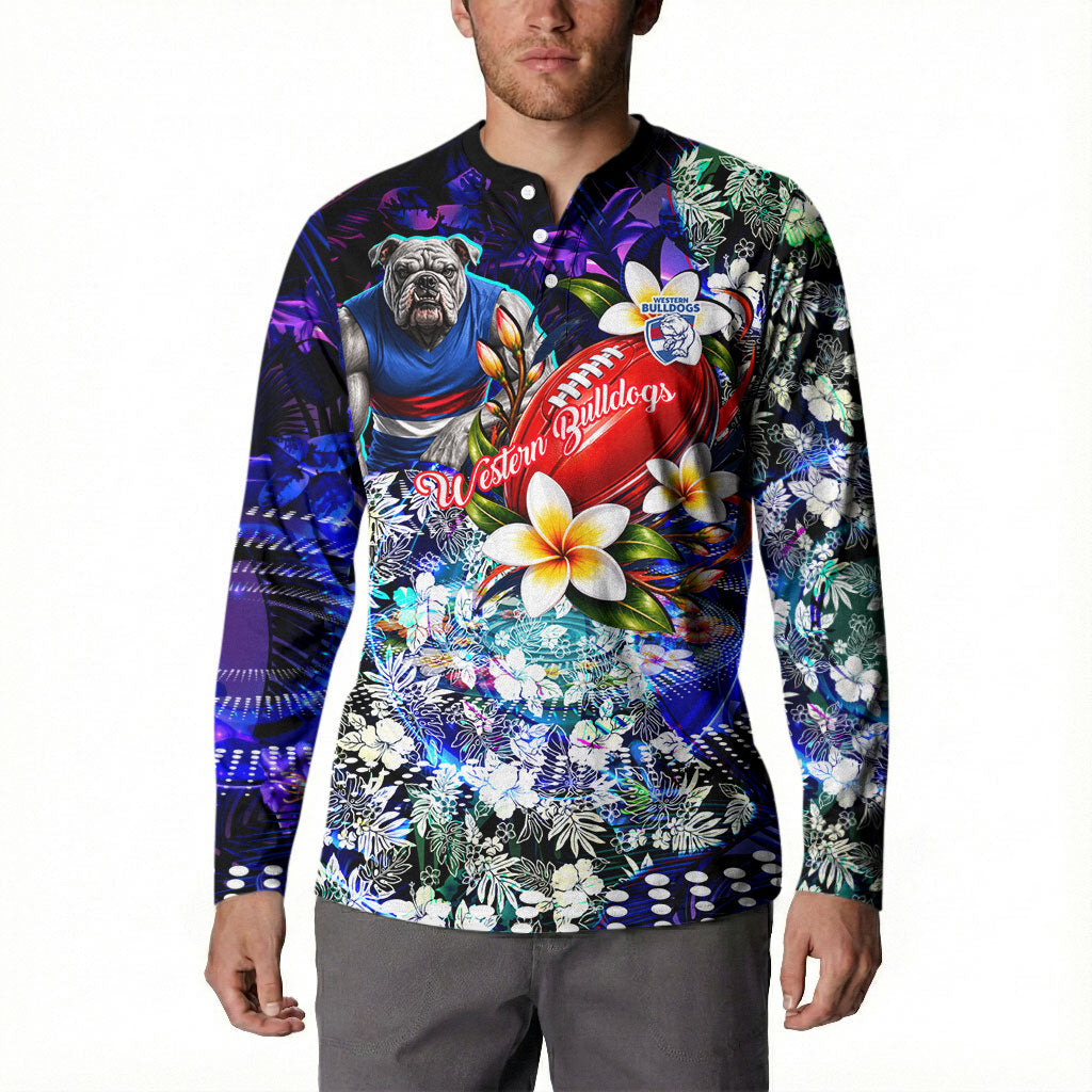 Personalized Western Bulldogs Football Button Sweatshirt Tropical Hibiscus Flowers - Pacific Fusion Style
