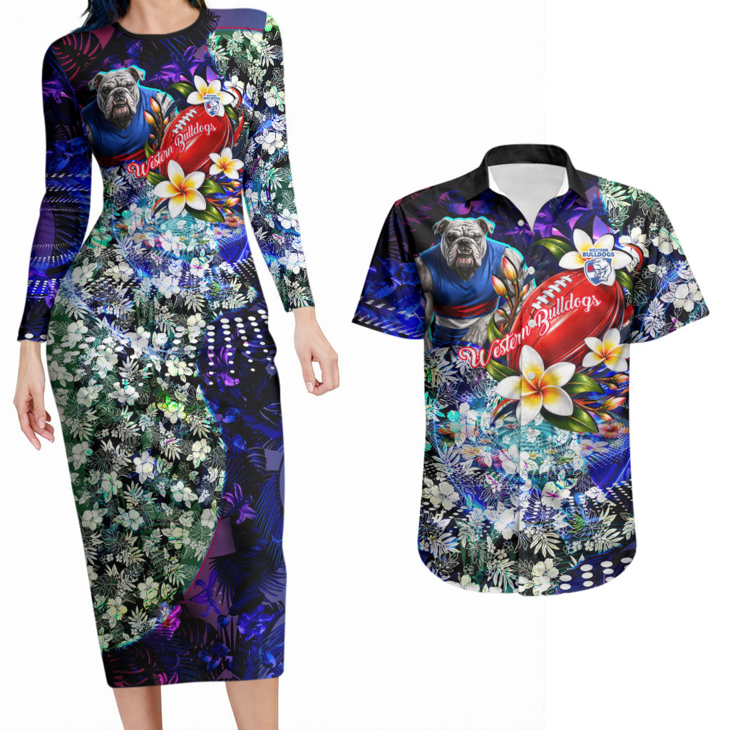 Personalized Western Bulldogs Football Couples Matching Long Sleeve Bodycon Dress and Hawaiian Shirt Tropical Hibiscus Flowers - Pacific Fusion Style