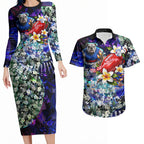 Personalized Western Bulldogs Football Couples Matching Long Sleeve Bodycon Dress and Hawaiian Shirt Tropical Hibiscus Flowers - Pacific Fusion Style