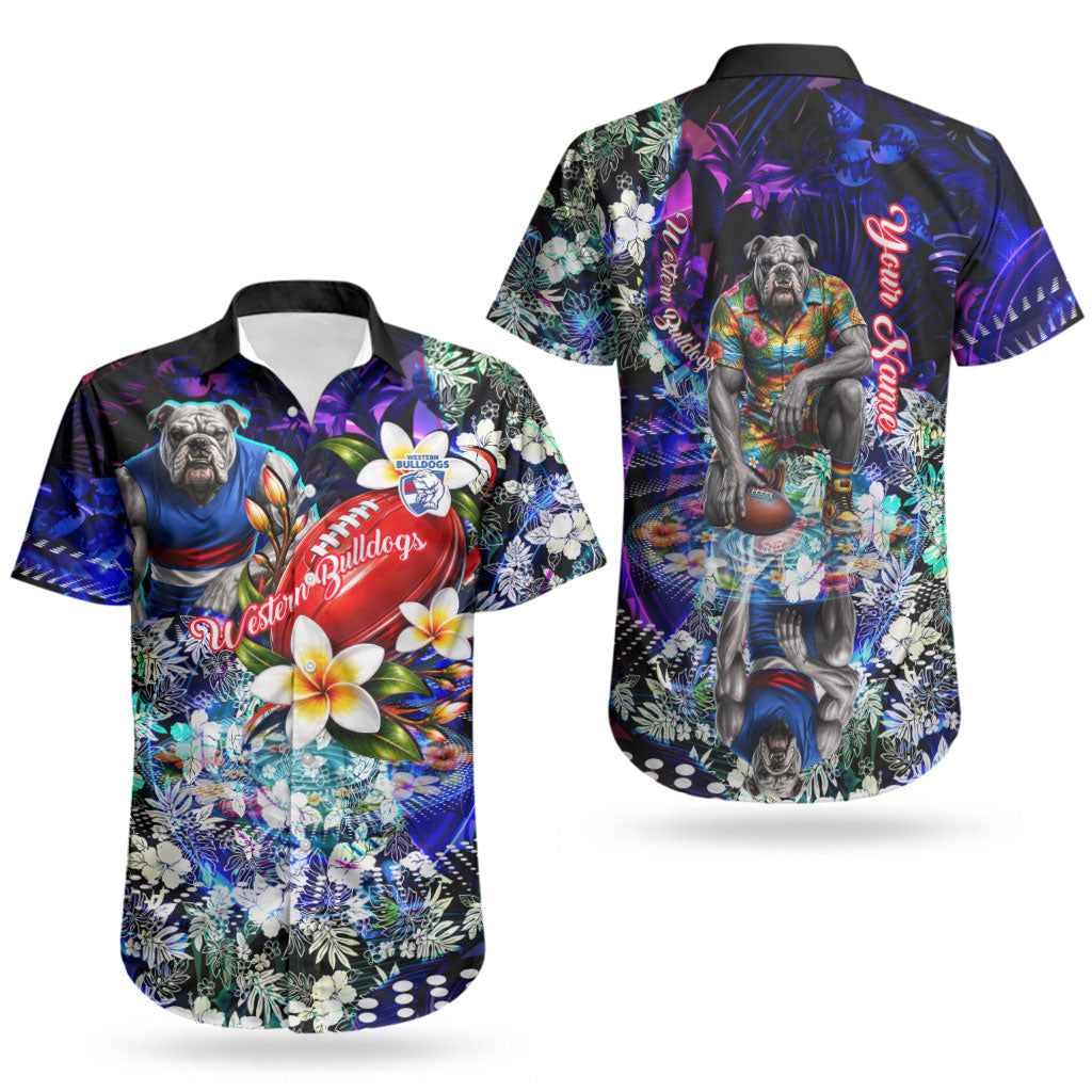 Personalized Western Bulldogs Football Couples Matching Long Sleeve Bodycon Dress and Hawaiian Shirt Tropical Hibiscus Flowers - Pacific Fusion Style