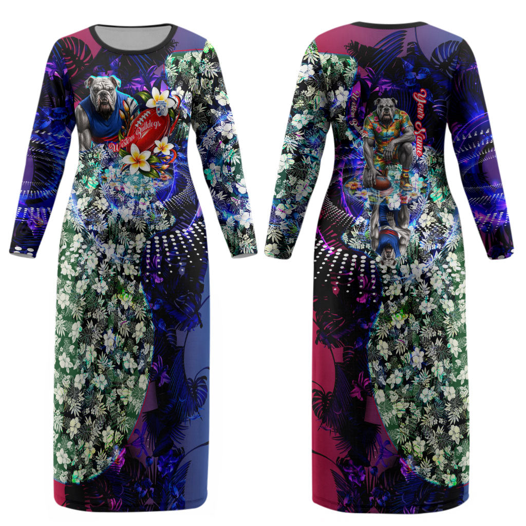 Personalized Western Bulldogs Football Couples Matching Long Sleeve Bodycon Dress and Hawaiian Shirt Tropical Hibiscus Flowers - Pacific Fusion Style