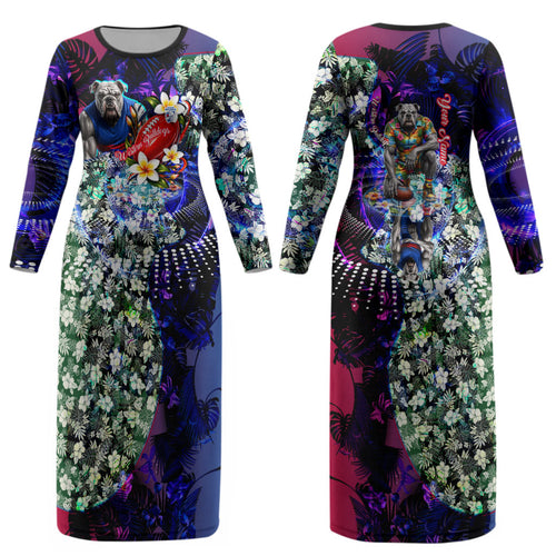 Personalized Western Bulldogs Football Couples Matching Long Sleeve Bodycon Dress and Hawaiian Shirt Tropical Hibiscus Flowers - Pacific Fusion Style