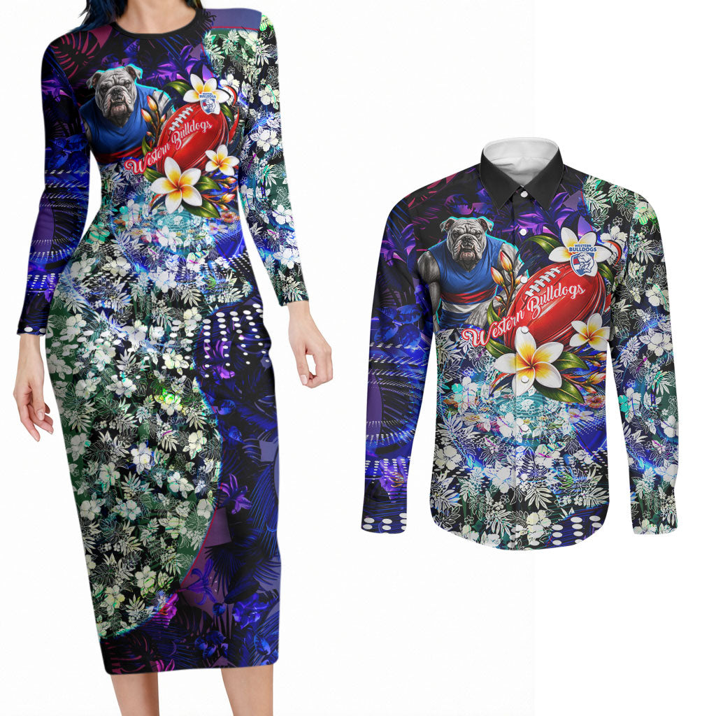 Personalized Western Bulldogs Football Couples Matching Long Sleeve Bodycon Dress and Long Sleeve Button Shirt Tropical Hibiscus Flowers - Pacific Fusion Style