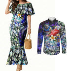 Personalized Western Bulldogs Football Couples Matching Mermaid Dress and Long Sleeve Button Shirt Tropical Hibiscus Flowers - Pacific Fusion Style